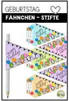 Vorschau - Mal- und Bastelvorlagen - Geburtstags-Fähnchen für Stifte – Happy Birthday Mitgebsel Grundschule & Kindergarten - Deckblatt