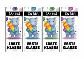 Vorschau - Mal- und Bastelvorlagen - Nilpferdklasse Lesezeichen als Geschenk zur Einschulung - Seite 1
