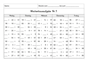 Vorschau - Arbeitsblätter - Wochenhausaufgabe, Mathematik, Rechnen im ZR100 mit Zehnerüberschreitung - Seite 1