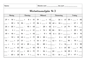 Vorschau - Arbeitsblätter - Wochenhausaufgabe, Mathematik, Rechnen im ZR100 mit Zehnerüberschreitung - Seite 3