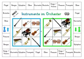 Vorschau - Stationenlernen - Bingo für zwei "Instrumente im Orchester" Lernspiel - Seite 1