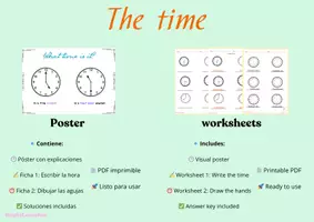 Vista previa - Hojas de trabajo - La hora en inglés: "O’clock" y "Half Past" – Póster + fichas imprimibles con soluciones - Portada
