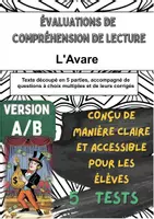 Aperçu - Tests - 📘 Évaluations de lecture sur « L’Avare » de Molière (versions A/B) – pour un contrôle ciblé acte par acte en classe - Page de couverture