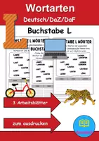 Vorschau - Arbeitsblätter - Wortarten Buchstabe L - DaZ/DaF, Deutsch (Nomen, Verben, Adjektive) - Deckblatt