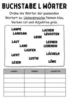 Vorschau - Arbeitsblätter - Wortarten Buchstabe L - DaZ/DaF, Deutsch (Nomen, Verben, Adjektive) - Seite 1