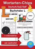 Vorschau - Mal- und Bastelvorlagen - Wortarten Chips Buchstabe L - DaZ/DaF, Deutsch (Nomen, Verben, Adjektive) - Deckblatt