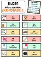 Vorschau - Arbeitsblätter - Vokabelzettel/Bildkarten Thema Buchstabe L - DaZ/DaF, Deutsch (Wortschatz) - Seite 1