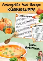Vorschau - Mal- und Bastelvorlagen - Mini-Rezept Feriengruß Herbstferien: Kürbissuppe - Deckblatt