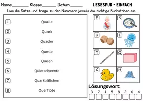 Vorschau - Arbeitsblätter - Lesespur / Leserätsel Thema Buchstabe Q - DaZ/DaF, Deutsch - Seite 1