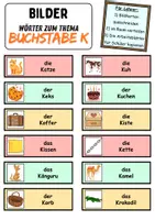 Vorschau - Mal- und Bastelvorlagen - Vokabelzettel/Bildkarten Thema Buchstabe K - DaZ/DaF, Deutsch (Wortschatz) - Seite 1