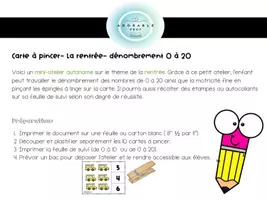 Aperçu - Apprentissages en autonomie - Cartes à pincer- rentrée- dénombrement 0 à 20 - Page 1