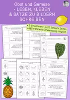 Vorschau - Arbeitsblätter - Obst und Gemüse, Lesen, Kleben & Sätze zu Bildern schreiben, differenziert, Leseanfänger - Deckblatt