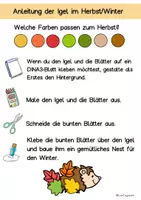 Vorschau - Mal- und Bastelvorlagen - Igel im Herbst und Winter Bastelprojekt Kunstunterricht Sachunterricht Klasse 1, 2 Vorschule (Schneideübungen) - Seite 1