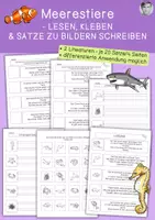 Vorschau - Arbeitsblätter - Meerestiere, Lesen & Kleben, Sätze zu Bildern schreiben, Klasse 1, 2 - Deckblatt
