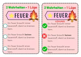 Vorschau - Arbeitsblätter - 2 Wahrheiten 1 Lüge - FEUER - 30 Aufgabenkärtchen mit Lösungen - Seite 2