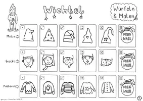 Vorschau - Arbeitsblätter - Weihnachtswichtel Würfeln und Malen - Würfelspiel Kunst - Seite 1