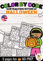 Προεπισκόπηση - Φύλλα εργασίας - Color by code - Subtraction within 10 (Halloween) | Αφαίρεση Μαθηματικά Αγγλικά - Εξώφυλλο