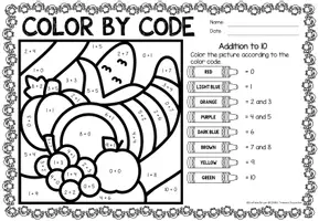 anteprima - Esercizi - Color by code - Addition to 10 (Thanksgiving) | Aggiunta Matematica Inglese - Pagina 1