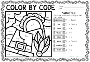 anteprima - Esercizi - Color by code - Addition to 10 (Thanksgiving) | Aggiunta Matematica Inglese - Pagina 2
