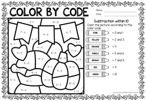 anteprima - Esercizi - Color by code - Subtraction within 10 (Thanksgiving) | Sottrazione Matematica Inglese - Pagina 2