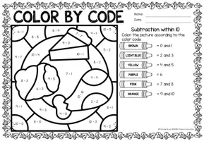 Προεπισκόπηση - Φύλλα εργασίας - Color by code - Subtraction within 10 (Thanksgiving) | Αφαίρεση Μαθηματικά Αγγλικά - Σελίδα 1
