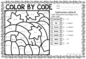 Προεπισκόπηση - Φύλλα εργασίας - Color by code - Subtraction within 10 (Thanksgiving) | Αφαίρεση Μαθηματικά Αγγλικά - Σελίδα 3