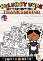 anteprima - Esercizi - Color by code - Subtraction within 10 (Thanksgiving) | Sottrazione Matematica Inglese - Pagina di copertina