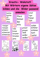 Vorschau - Arbeitsblätter - Kreativ-Werkstatt: Sätze bilden und Tierbilder passend gestalten - Deckblatt