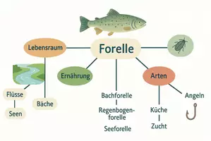 Vorschau - Arbeitsblätter - AB mit Fragen zum Thema "Forelle" + Lösungsblatt + Mindmap + Infografik - Seite 1