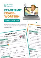 Vorschau - Arbeitsblätter - Simple Present: Fragen mit Fragewörtern mit Wortfeld Tagesablauf - Deckblatt