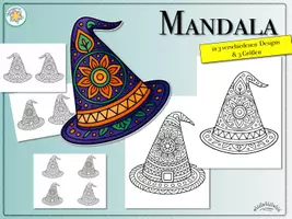 Vorschau - Arbeitsblätter - MANDALA "HEXENHUT" zum Ausmalen in 3 verschiedenen Größen und Designs - Halloween, Zauberer, Hexe, Walpurgisnacht - Seite 1