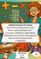 Vorschau - Arbeitsblätter - Mathetraining 5./6. Klasse – Schriftliche Rechenarten sicher beherrschen (Arbeitsblatt + Lösungen) | Addition, Subtraktion, Multiplikation, Division, Übungsblatt Mathematik, Klassenarbeit vorbereiten - Deckblatt