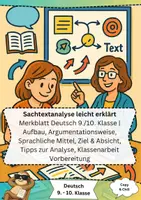 Vorschau - Arbeitsblätter - Sachtextanalyse leicht erklärt – Merkblatt Deutsch 9./10. Klasse | Aufbau, Argumentationsweise, Sprachliche Mittel, Ziel & Absicht, Tipps zur Analyse, Klassenarbeit Vorbereitung - Deckblatt