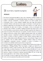 Vista previa - Hojas de trabajo - Comprensión lectora – músico + soluciones con material complementario y banco de palabras - página 1