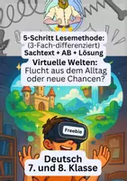 Vorschau - Arbeitsblätter - Freebie: Virtuelle Welten (Virtual Reality) 5-Schritt-Lesemethode Deutsch (Klasse 7/8) Sachtextanalyse mit Aufgaben & Lösungen, Differenzierung drei Niveaus (kostenlos) - Deckblatt