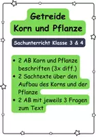 Vorschau - Unterrichtsreihen - Getreide - Aufbau von Pflanze + Korn - Sachtexte/Fragen - Deckblatt