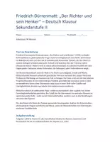 Vorschau - Klassenarbeiten - Friedrich Dürrenmatt: Der Richter und sein Henker – Klausur mit ausführlichem Erwartungshorizont (SEK II) - Deckblatt