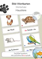 Vorschau - Spiele - 16 Bildkarten/Wortkarten Haustiere mit/ohne Silbenschrift - Deckblatt