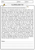 Vorschau - Arbeitsblätter - Allerheiligen Tag Religion Arbeitsblätter mit Fragen + Lösungen Lesetext - Seite 1