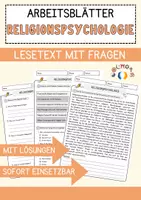 Vorschau - Arbeitsblätter - Religionspsychologie Religion Arbeitsblätter mit Fragen + Lösungen Lesetext - Deckblatt