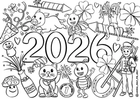 Vorschau - Spiele - Ausmalbilder "Gutes neues Jahr 2026" / Silvester / Feriengruss - Seite 1