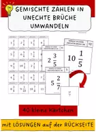 Vorschau - Stationenlernen - Gemischte Zahlen in unechte Brüche umwandeln - 40 kleine Übungskarten mit Lösungen - Deckblatt