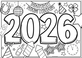 Vorschau - Mal- und Bastelvorlagen - 2026 Ausmalbild im Doodlestil - Neues Jahr - Silvester - Happy new year #silvesterknaller25 - Seite 1