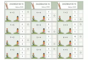 Vorschau - Stationenlernen - Addition und Subtraktion bis 10, 24 Klammerkarten mit je 4 Aufgaben, Zahlenraum bis 10, Operationsvorstellung - Seite 1