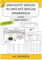 Vorschau - Arbeitsblätter - Gemischte Zahlen in unechte Brüche umwandeln - Mini Arbeitsheft mit Lösungen - Deckblatt