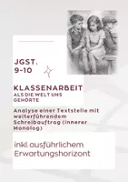 Vorschau - Klassenarbeiten - Klassenarbeit Analyse einer Textstelle mit weiterführendem Schreibauftrag (innerer Monolog) am Beispiel des Romans „Als die Welt uns gehörte“ von Liz Kessler - Deckblatt