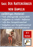 Vorschau - Arbeitsblätter - Sage: "Der Rattenfänger von Hameln" + Aufgaben (Perspektivwechsel u.a.) + Präsentation (Klasse 6) - Deckblatt