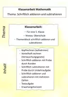 Vorschau - Klassenarbeiten - Mathearbeit Jahrgang 5: Schriftlich addieren und subtrahieren - Deckblatt