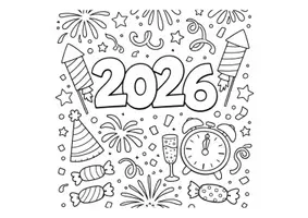 Vorschau - Mal- und Bastelvorlagen - Neujahr: Ausmalbild 2026. Silvester malen. Malvorlage. Kunst. - Seite 1