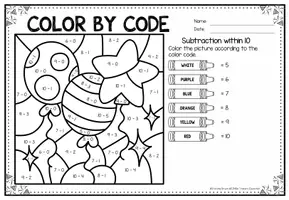 Voorbeeld - Color by code - Subtraction within 10 (New Year's) | Wiskunde Nieuwjaar Engels - Pagina 2